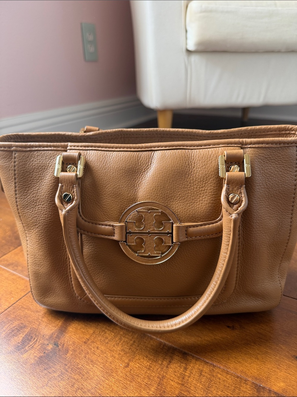 Tory Burch Cognac Pebbled Leather Tote with Logo Medallion